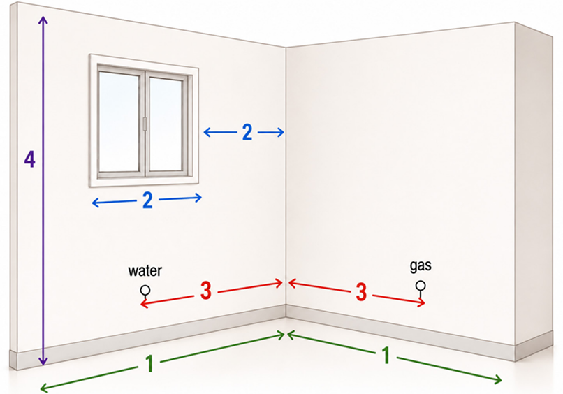 3D perspective view of a kitchen corner: 1 wall lengths, 2 window width and distance from corner, 3 water and gas points, 4 ceiling height
