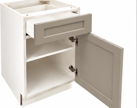 Stone Taupe Shaker base cabinet, open